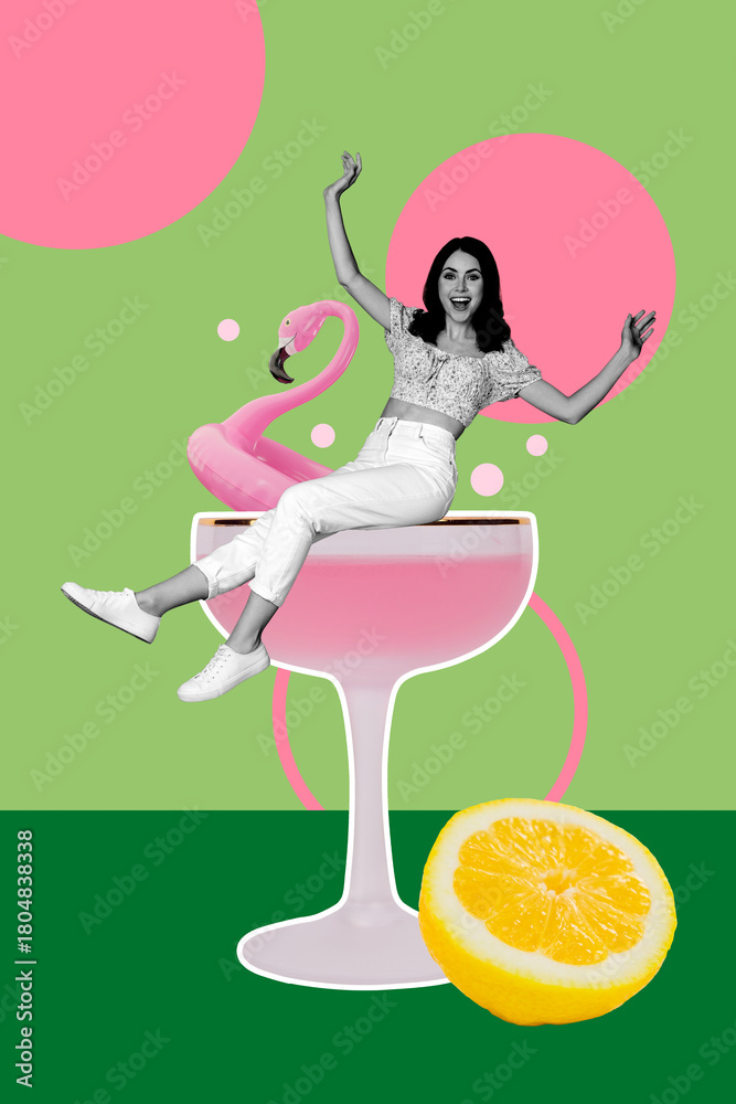 Obraz premium Creative artwork template sketch image collage of young woman happy smile cocktail glass club holiday friday summer float ring lemon fruit