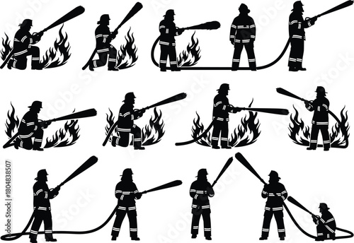 Firefighter silhouette, fire emergency action, hose and flame pose, black rescue icon, safety gear illustration, isolated firefighting graphic design