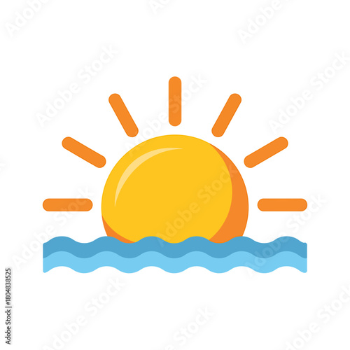 Sun rising or setting over blue ocean waves on white background