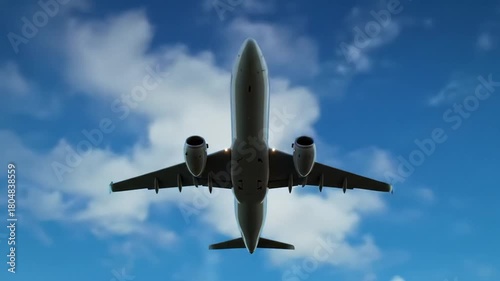 A low-angle view of a commercial passenger airplane flying overhead against a blue sky with white clouds.