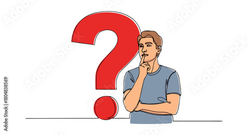 A pensive man standing by a question mark in a continuous single line drawing vector illustration. The concept of doubt and problem-solving