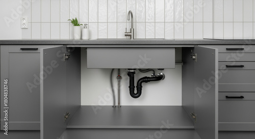Modern gray kitchen cabinet under sink with exposed plumbing pipes, clean tiled backsplash and minimalist interior design detail