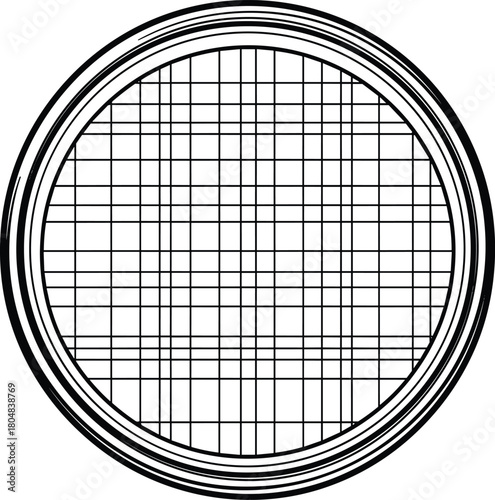 Kitchen sieve vector icon, round strainer line art, wire mesh grid for sifting flour, black and white outline illustration, isolated kitchen tool.