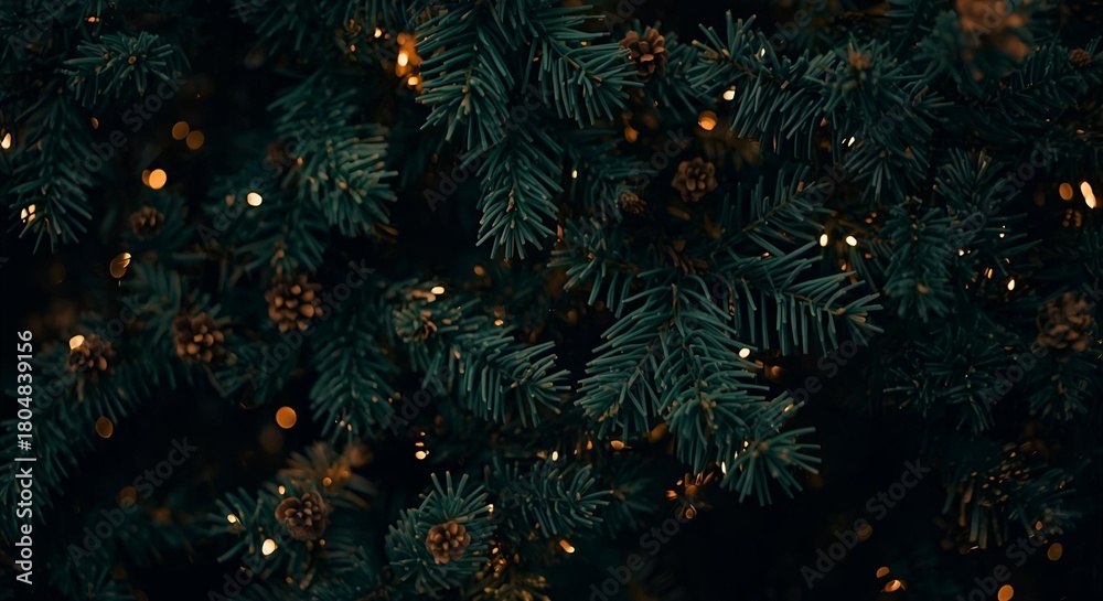 Naklejka premium A close up shot of a christmas tree with pine cones and christmas lights in the background