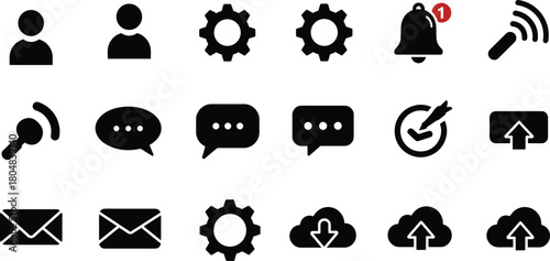 User interface icon set, profile, settings, notification, search, chat, upload download, cloud storage, multimedia symbols, digital application design