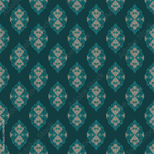 Vintage teal damask ornamental seamless pattern for background