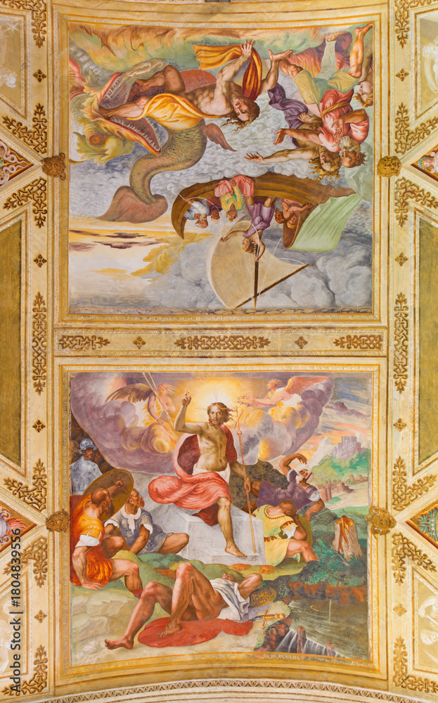 Obraz premium Cremona - The Resurrection of Jesus and prophet Jonah fresco in the center of the vault in Chiesa di San Sigismondo by Giulio Campi (1564 - 1567).