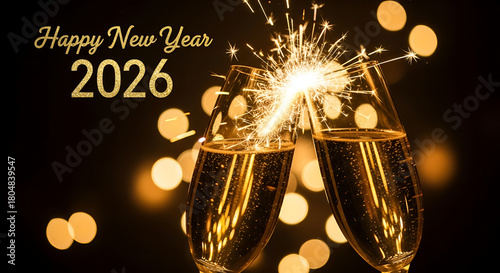 Luxurious New Year 2026 celebration scene, elegant gold and emerald green colour palette, champagne glasses clinking, confetti falling, upscale party environment, ultra-realistic photography style