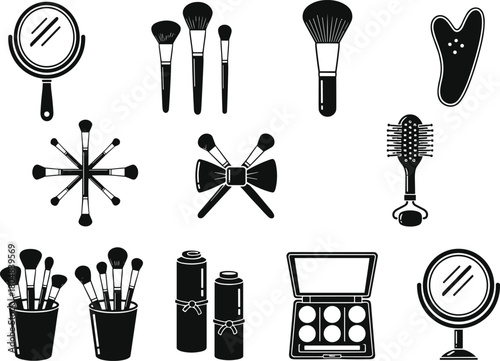 Beauty tools silhouette icon set, makeup brushes, mirrors, and face roller. Vector graphic collection, isolated cosmetic accessories, gua sha, palette.