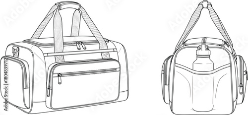 Gym bag technical flat sketch, front and side views. Sports duffel bag vector line art, isolated accessory mockup, fashion design template.