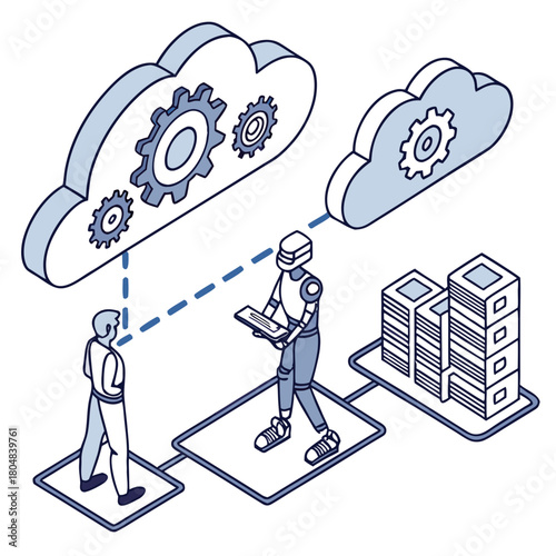 Human and robot connecting to cloud server isolated on
