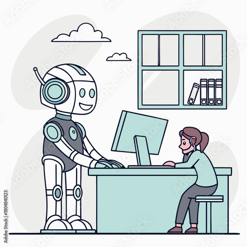 Robot helping a woman with her work isolated on