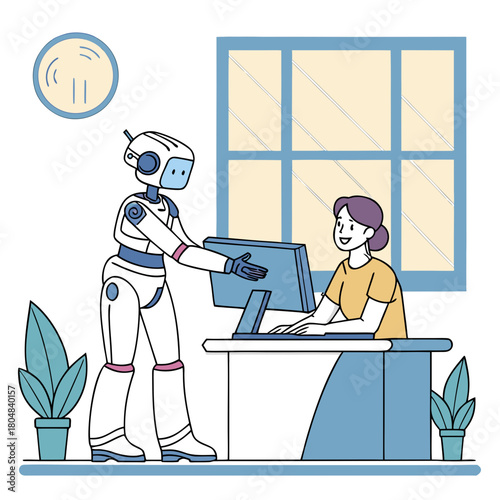 Robot helping a woman with her work isolated on