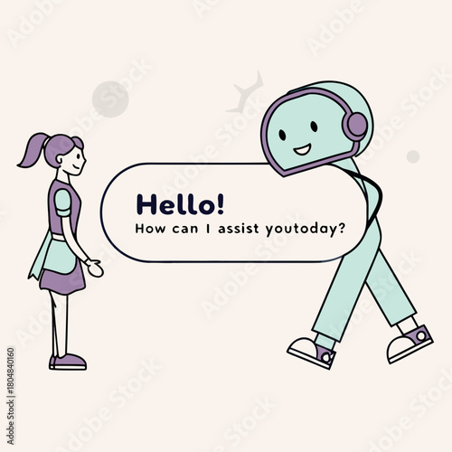Friendly robot assistant helping a girl, asking how can i assist you today