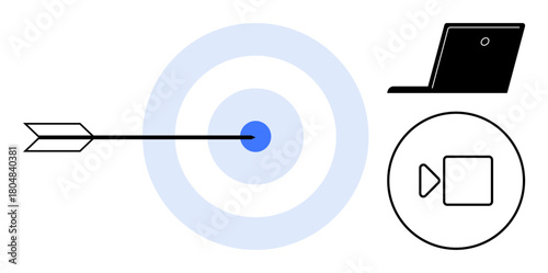 Arrow hitting a target center, minimalist laptop, and video icon. Ideal for focus, communication, technology, achievement, goals strategy digital content. A simple flat metaphor for productivity