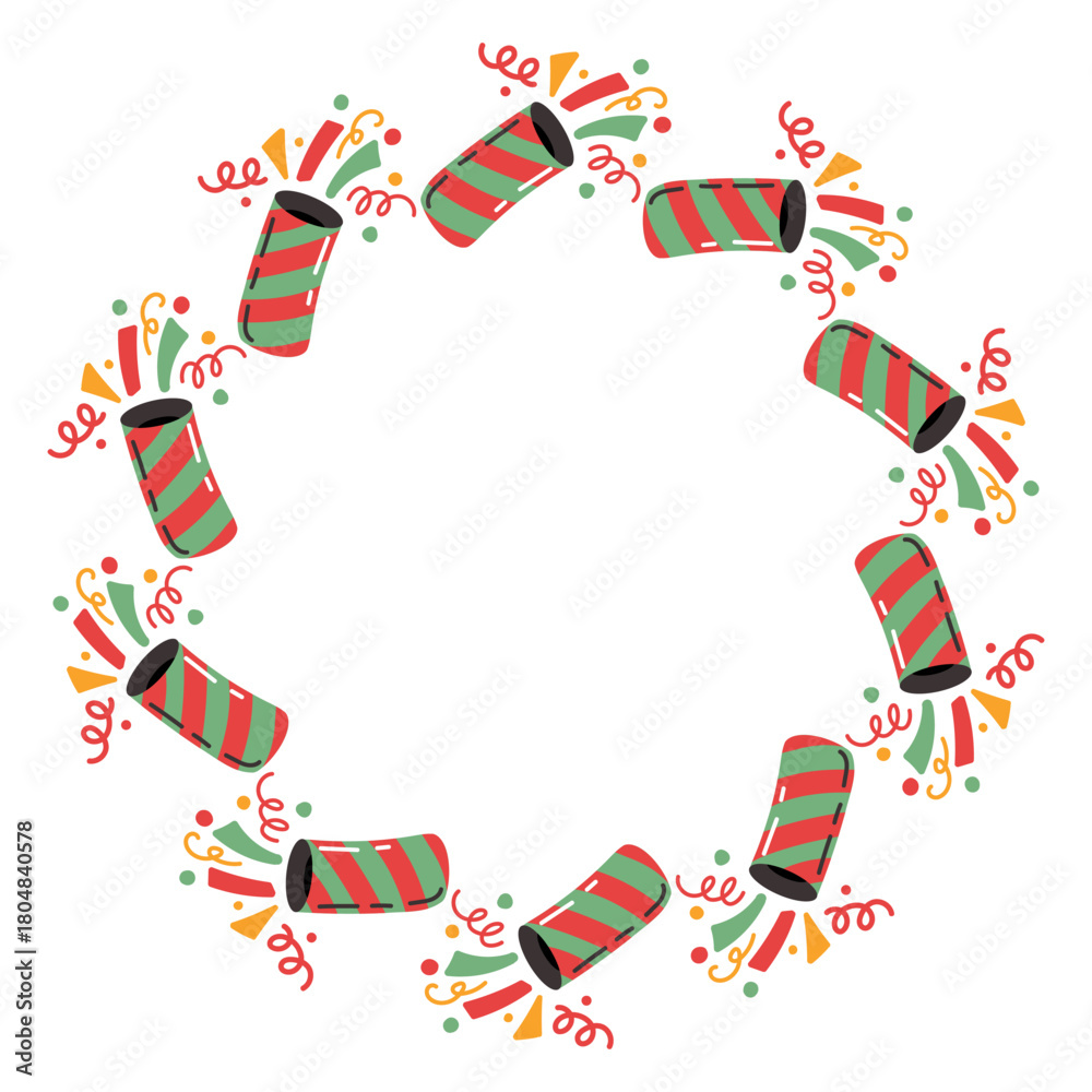 Obraz premium Festive round frame with colorful firecrackers. Hand-drawn. Useful for banners, cards, and packaging.