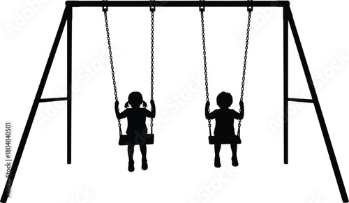 Children silhouettes on swing set, boy and girl playing. Isolated black vector graphic of kids on swings, playground park icon.