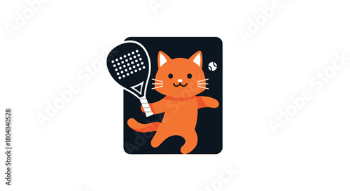Cute Orange Cat Playing Tennis with Racket and Ball, Playful Pet Sports Icon