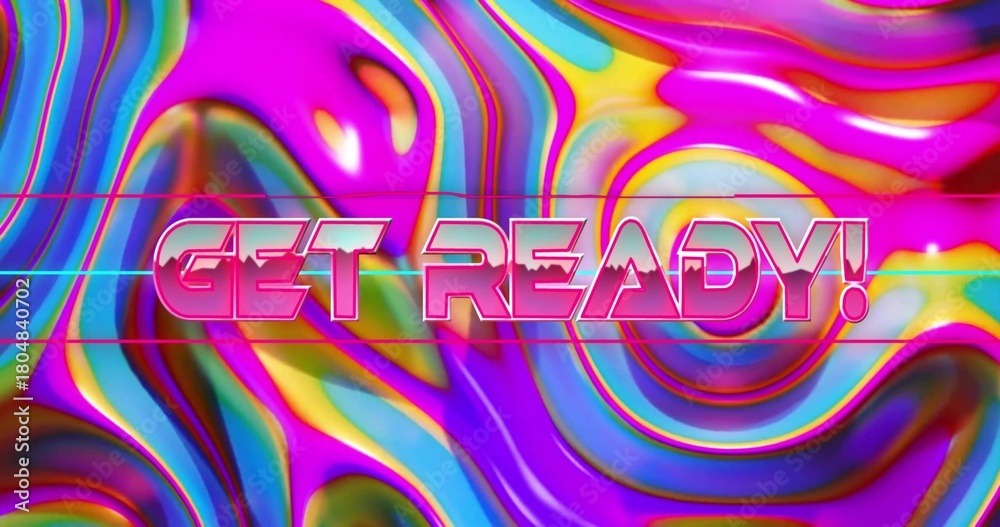 Naklejka premium Featuring centered bold GET READY! headline glowing on studio poster with neon swirls, guide lines
