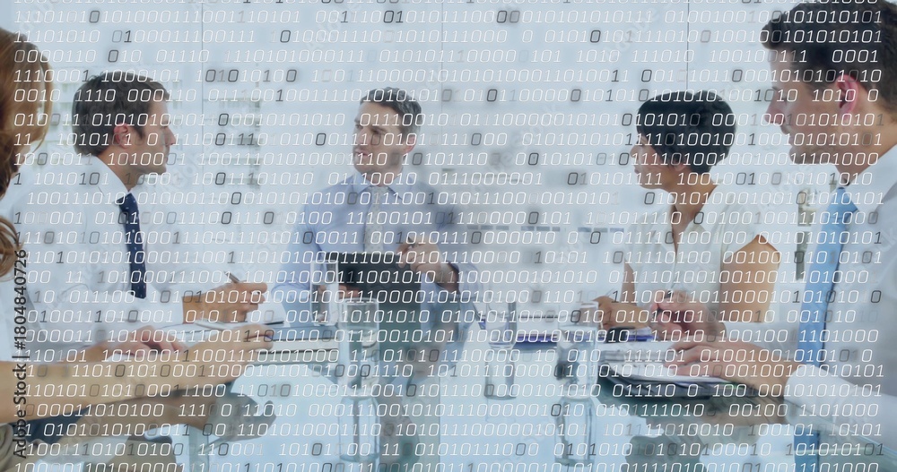 Fototapeta premium Discussing team of five in formal attire, taking notes, using laptops at table, binary overlay