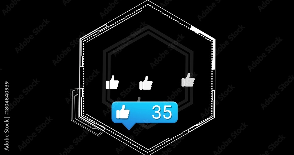 Naklejka premium Displaying layered hexagonal UI on digital canvas, showing white thumbs-up and blue badge 35