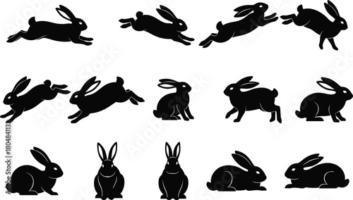 Rabbit silhouette set, collection of jumping, running, and sitting poses. Black hare vector icons, isolated animal graphic elements for Easter.