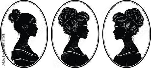 Elegant women profile silhouettes set. Vintage hairstyle cameo icons. Black vector graphic portraits in oval frames. Lady head, classic updo.