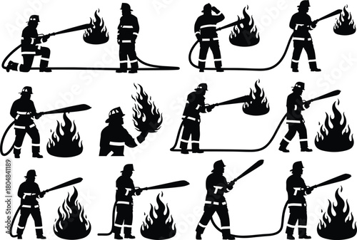 Firefighter silhouette, emergency response icon, fire rescue action, black firefighting figure, flame control pose, safety gear illustration, isolated graphic design