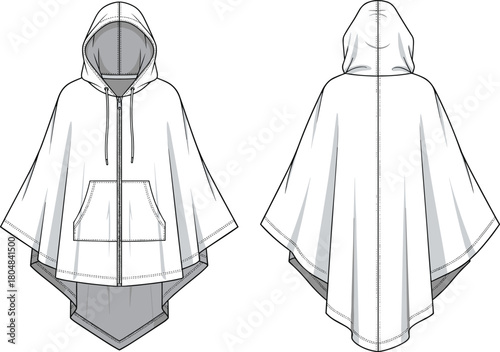 Hooded poncho technical flat sketch. Front and back view of fashion cape. Vector illustration template for clothing design, apparel mockup.