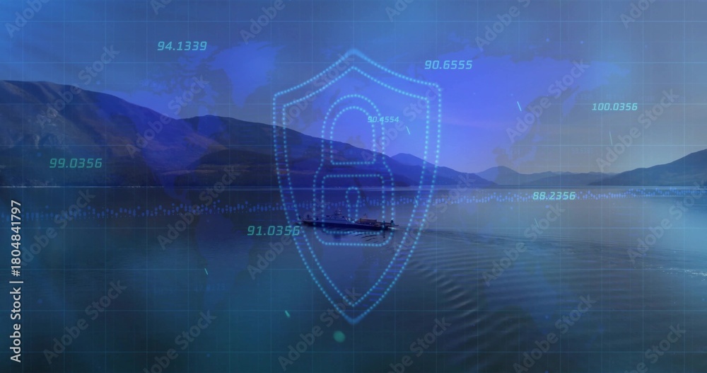 Naklejka premium Floating holographic shield with padlock over mountain lake at morning, showing boat grid telemetry
