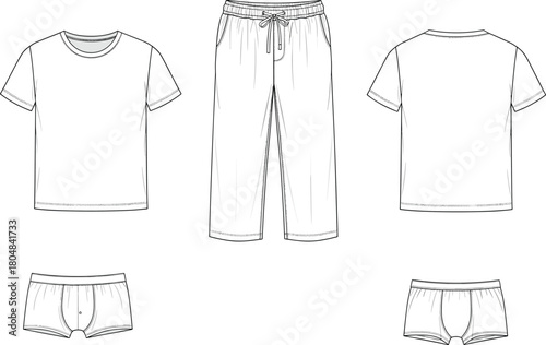 Men's clothing technical flat sketch set. T-shirt, lounge pants, and underwear. Fashion design template, vector line art, isolated apparel mockup.