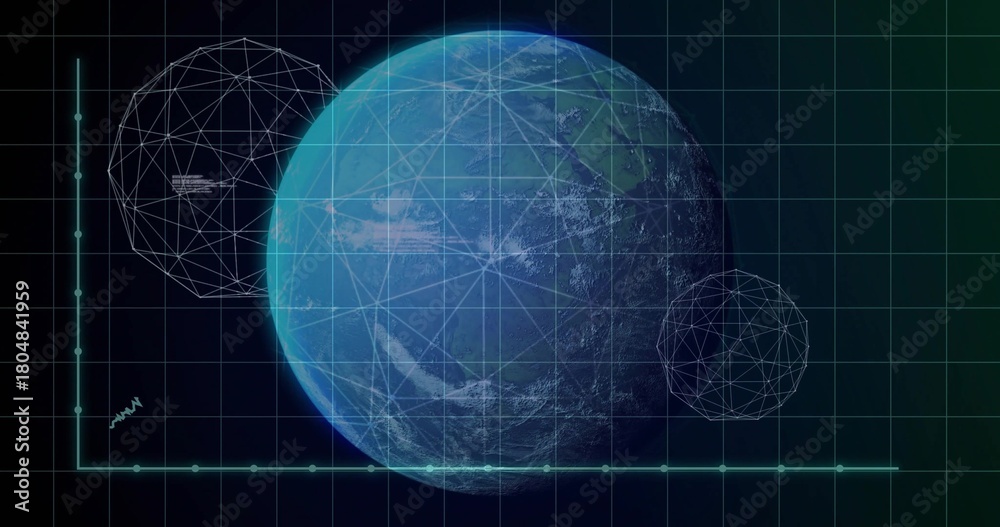 Obraz premium Displaying Earth-like globe rotating within virtual HUD, with Cartesian axes and wireframe spheres