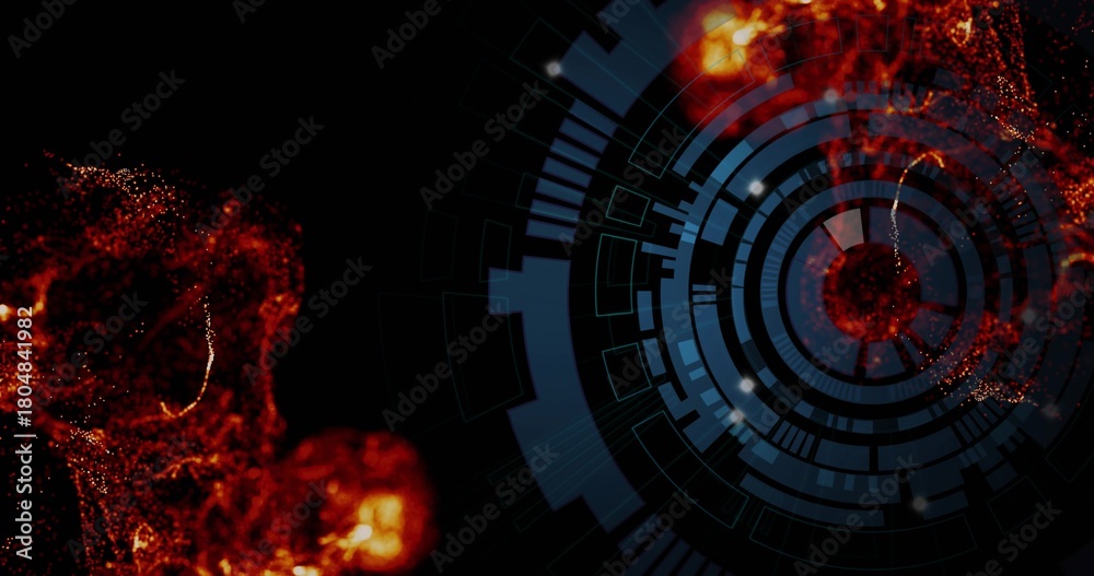 Naklejka premium Pulsing blue concentric HUD overlapping black space, showing red nebula filaments, glowing nodes