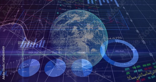 Displaying semitransparent Earth globe rotating in data dashboard, showing pie donut graphs tickers
