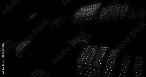 Glowing perforated panels floating at right in dark space, displaying regular white dot grids