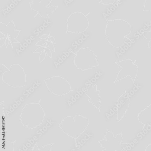 Seamless pattern with white outline leaves on gray background - leaf of maple, linden, aspen, ginkgo, and others. Print for textile, package, wrapping paper. Vector illustration, line art style