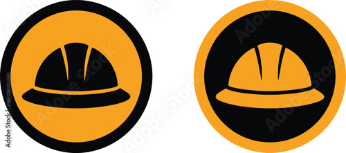 Two circular safety hard hat icons representing construction and personal protective equipment