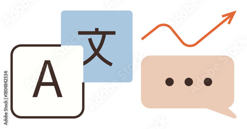 Letter A and character block represent language speech bubble and upward line signify communication and growth. Ideal for translation, multilingual, education, progress, communication, business