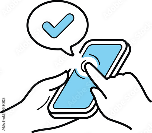 Hand holding smartphone with finger touching screen and checkmark in speech bubble