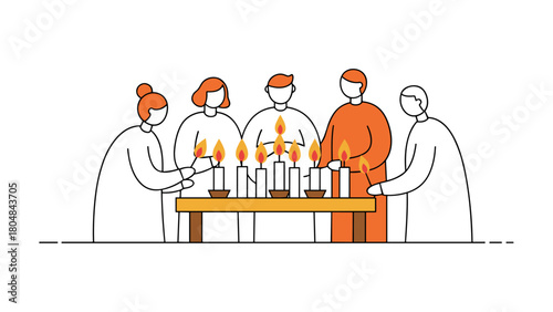 People light candles together at table