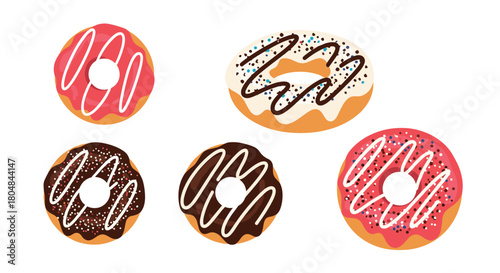 Illustration of five colorful donuts with various toppings and drizzles on a white background.