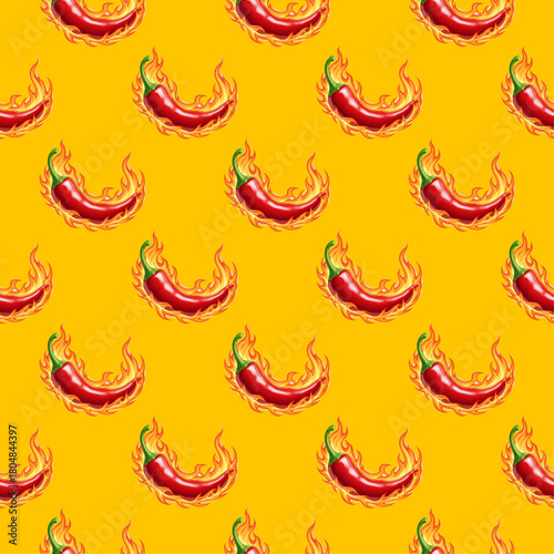 Seamless Pattern of Flaming Red Chili Peppers on Yellow Background. Spicy Food Design. Vector Illustration. Perfect for textile print, menu design, food packaging, wallpapers, website background
