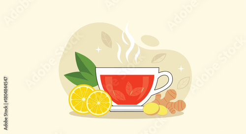 Illustration of a steaming cup of herbal tea with lemon slices and ginger root.