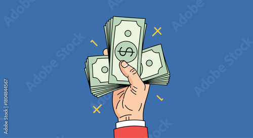 A hand holds a thick stack of cash against a blue background with decorative accents.