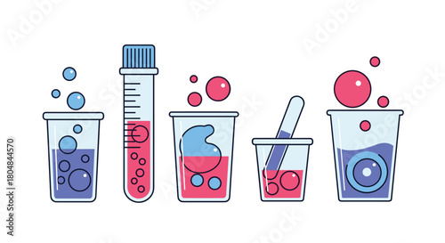 Cartoon illustration of science laboratory beakers and test tubes with colorful liquids and bubbles.