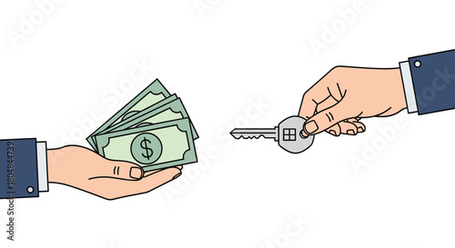 Hand exchanging money for a house key, symbolizing a real estate transaction.