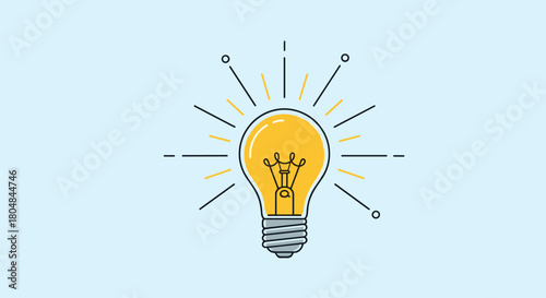 A bright yellow light bulb radiates light on a pale blue background, symbolizing ideas and innovation.