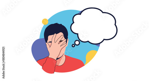 Illustration of a frustrated man with his hand over his face, thinking with a blank thought bubble.