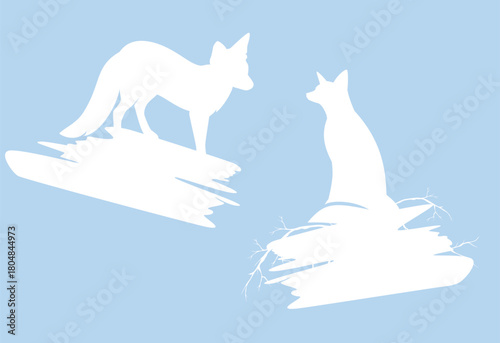 wild polar fox and tree branches around blank banner - winter season holidays copy space vector silhouette design set