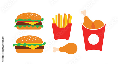 Collection of stylized fast food icons including burgers, french fries and fried chicken.